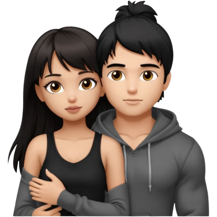 generate a pretty bratz girl in black cami top, dark brown straight long hair with bangs, eyeliner on, 

hugging a handsome muscular boy with black hair and a grey hoodie emoji