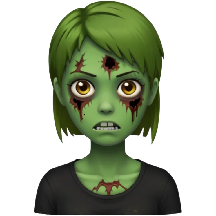 Zombie girl emoji verde com cabelo curto liso castanho no ombro com uma blusa preta emoji