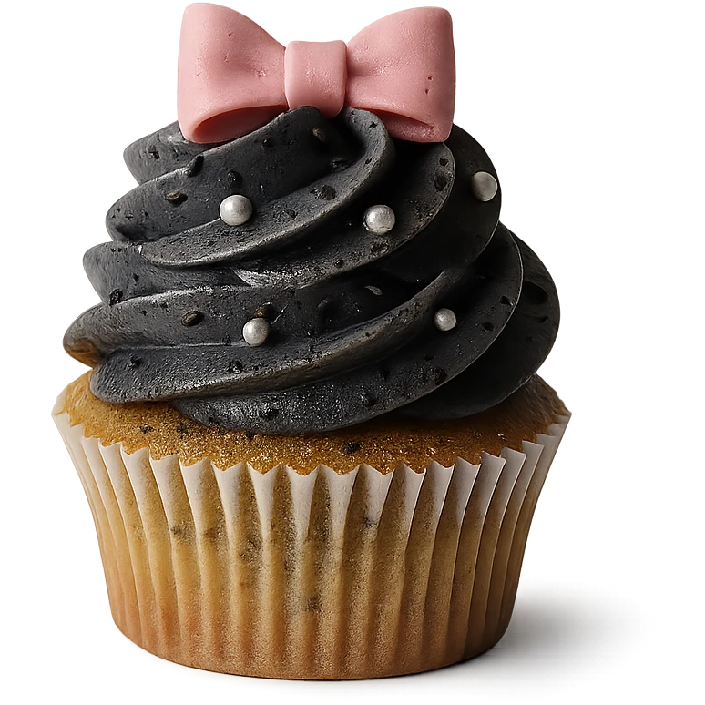 Change the icing to black sesame: dark gray, slightly glossy, speckled with black sesame seeds. Keep the realistic cupcake and accessories in photorealistic style with transparent background. emoji