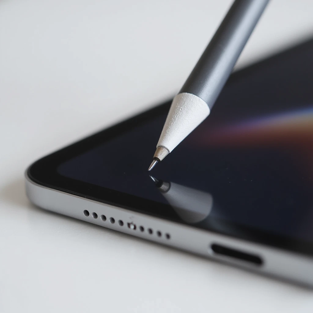 an iPad Pro with Apple Pencil, realistic style, close-up, detailed, photorealistic, modern device, screen reflection, metallic edges emoji
