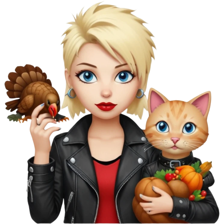 A blonde punk rocker woman with blue eyes with a thanksgiving turkey cat emoji