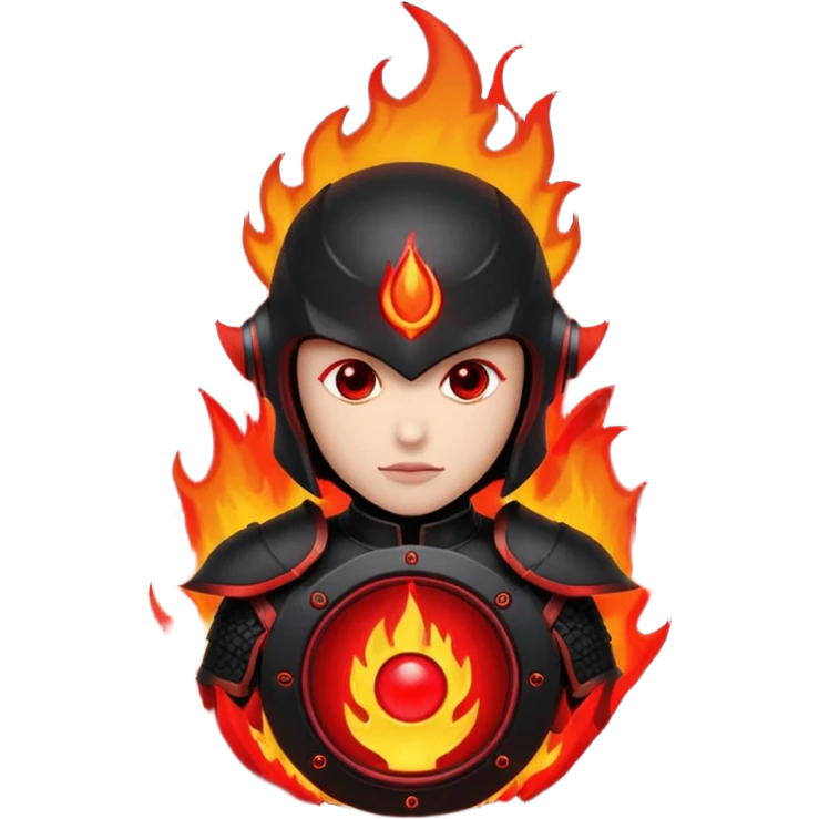 Head: A black KLIPSCH RP-8000F speaker, often represented with a red center or speaker cone.
Core: A small, bright glowing cherry-red circle representing his core.
Body & Armor: Primarily black armor plating with bright red accents or flames. emoji