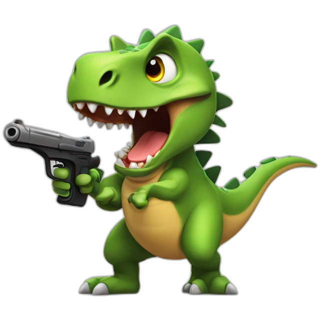 Dinosaur with a gun in his hand. Expression of fury, anger. emoji