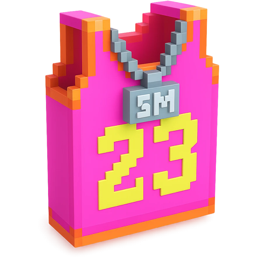 светящейся розовая баскетбольная майка с надписью "23" и серебряная цепь с надписью "SM", no background emoji