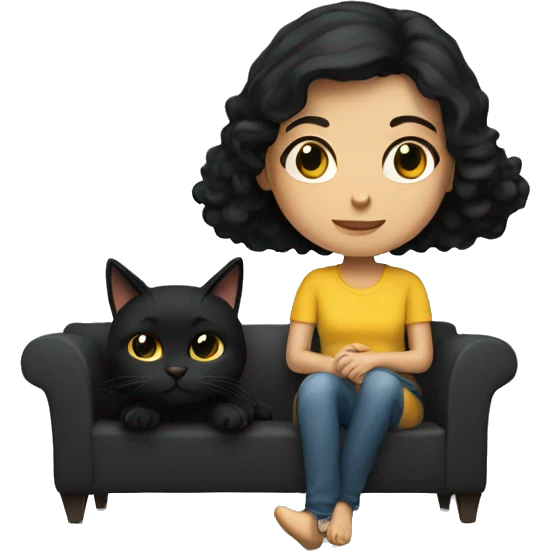 dark haired girl sitting on couch with a black cat in her lap emoji