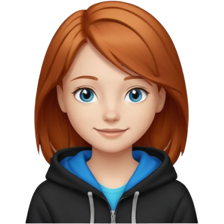 мила дівчинка зі світлим русим волоссям до грудей з голубими очами в чорному худі посміхається emoji