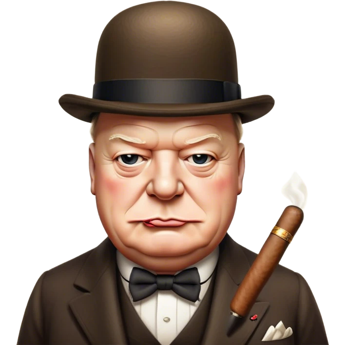 Cinematic Realistic Winston Churchill Portrait Emoji, depicted as a resolute British statesman with a signature bowler hat and a cigar, exuding determined leadership and wartime valor, rendered with lifelike textures and dramatic vintage lighting that captures his iconic British spirit. emoji