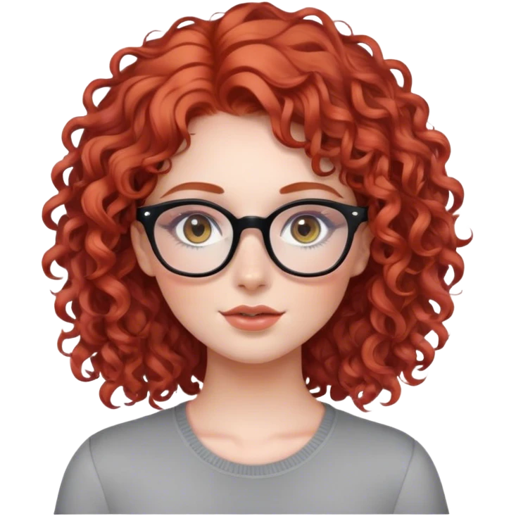 Beautiful girl with red curly hair, with gray eyes, in glasses, blush on emoji