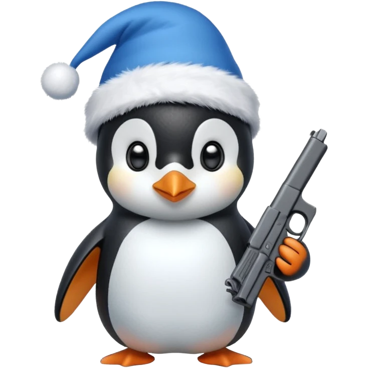 cute penguin wearing blue Christmas hat and holding a Glock  emoji