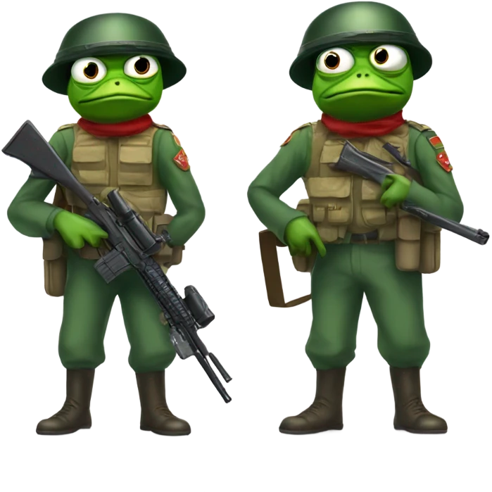 pepe le frog with soldier gear and a gun looking traumatized  emoji