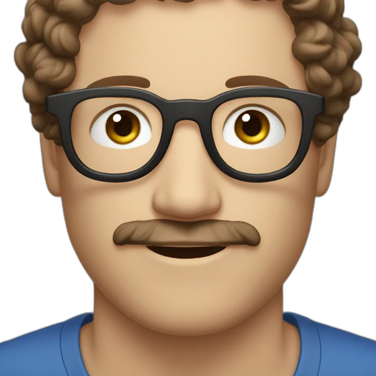 white man with short curly dark brown hair, blue small eyes, round eyeglasses and a brown mustache emoji