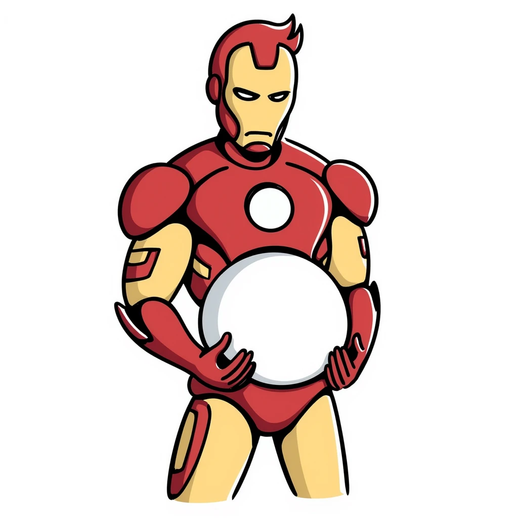 Iron Man superhero with a pregnant belly, iconic red and gold armor suit, arc reactor glowing in chest emoji
