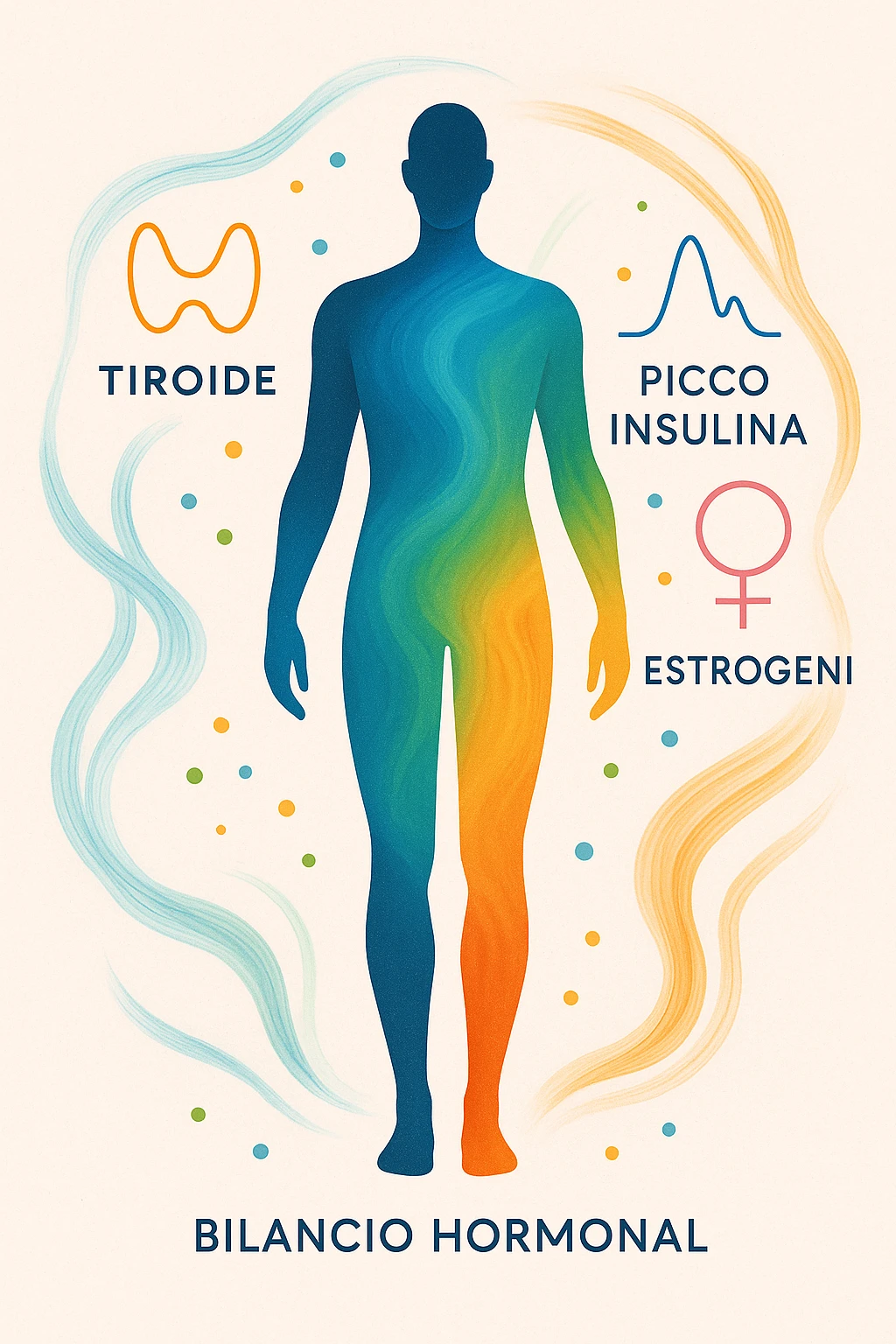 Il corpo è circondato da simboli delicati e bilanciati che rappresentano equilibrio ormonale e metabolico: piccoli cerchi, flussi energetici colorati, simboli stilizzati di tiroide, picco insulina, estrogeni. 4k immagine in italiano emoji