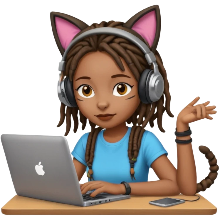 black girl with dreads who works remotely through a laptop with cat ear headphones emoji