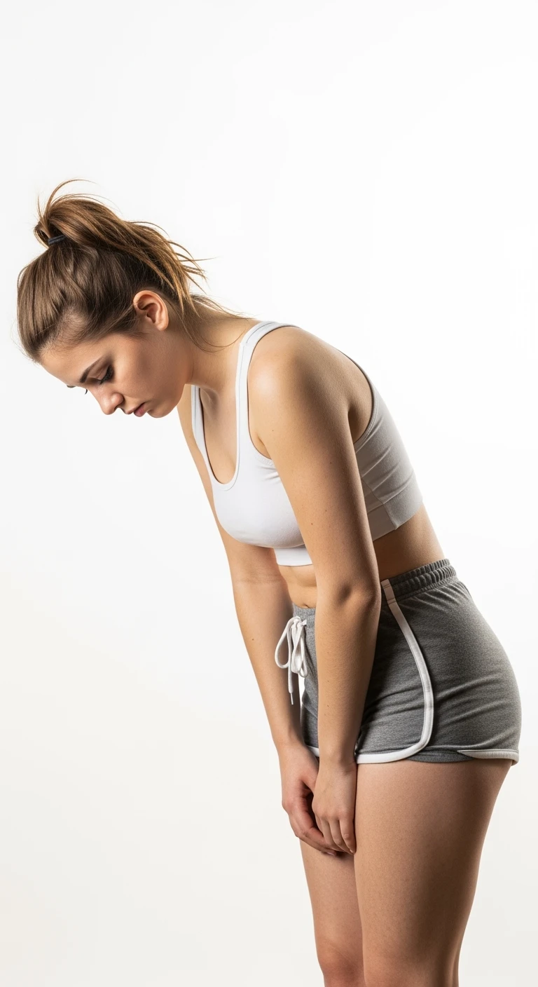 donna giovane con cellulite in gym short leggermente piegata in avanti, con espressione dispiaciuta in volto isolata su sfondo bianco emoji