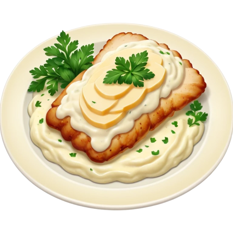 chicken slices with alfredo sauce and mashed potatoes on the side emoji
