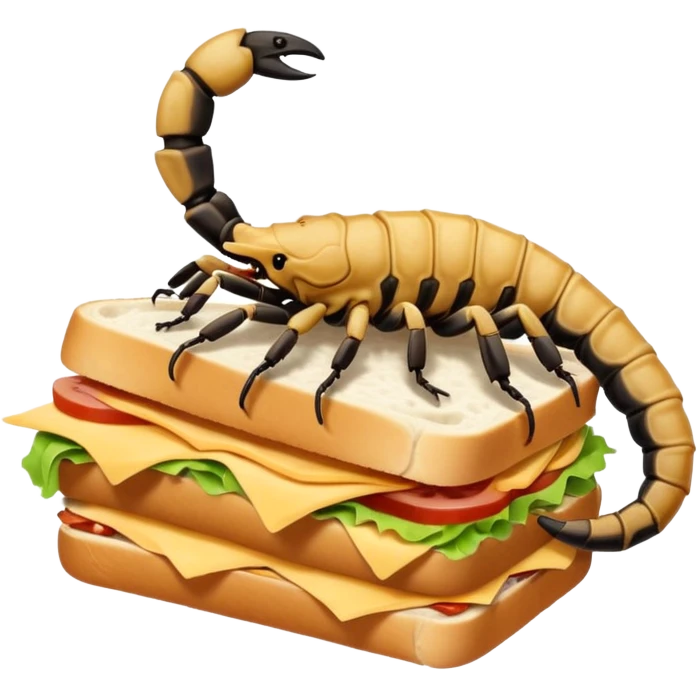 MAKE A SCORPION ON TOP OF A EHITE FLUFFY CLOUD THAT IS HOLDING A SANDWICH IN ITS CLAW AND LOOKING LIKE ITS EATING IT emoji