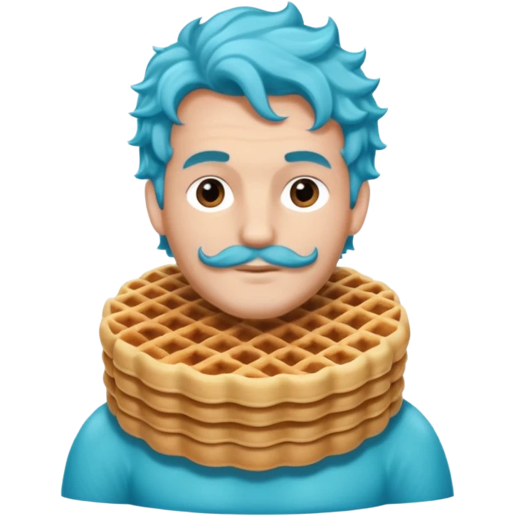 Crée un homme sirène avec une queue bleu turquoise et des long cheveux bouclé chatin en train de manger une gaufre  emoji
