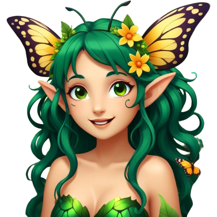 Cinematic Realistic Forest Nymph Fairy Portrait, head tilted dramatically with an exaggeratedly amused expression, featuring a striking, nature-infused form with glowing, sun-kissed tanned skin and vividly detailed dark green hair adorned with floral accents. Her expressive eyes brim with playful forest mischief, rendered with vibrant, lifelike textures and dynamic dappled lighting that conveys a spirited, over‐the‐top woodland whimsy showing her large butterfly wings from her back. emoji