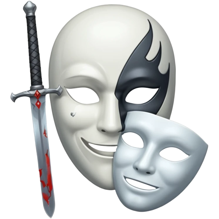 A sword in the middle, on the write sad mask and on the left happy mask emoji