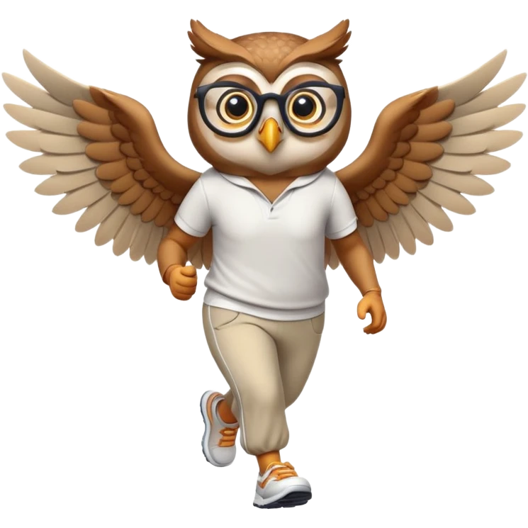 friendly anthropomorphised owl with wings instead of arms, in pants and a shirt, wearing glasses, jogging upright, standard pose emoji