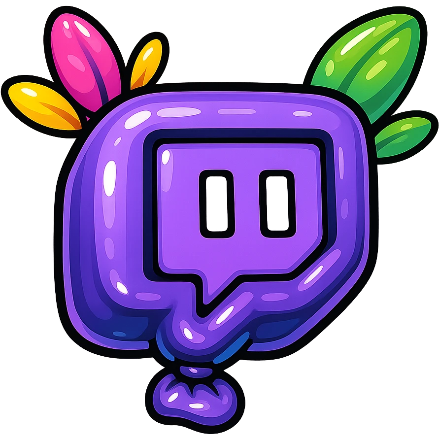 Chunky, smooth, and glossy Twitch logo, cartoon style, bold outline, strong shadows, bright highlights, decorated with colorful leaves, no background. Extra attention to contours and shine, in the style of the reference image, but even more rounded. emoji