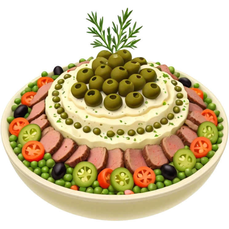 Salată de boeuf: a Romanian festive salad made with finely chopped boiled vegetables, pickles, peas, and beef or chicken, all mixed with mayonnaise and decorated with olives and pickles. emoji