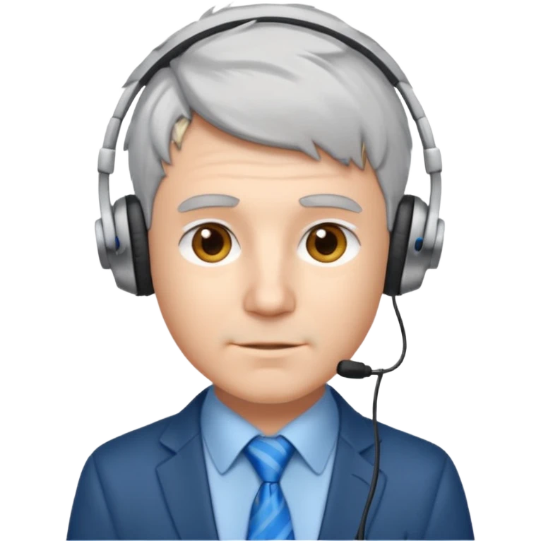 white male programmer with short messy silver gray hair, blue tie, small headphones emoji