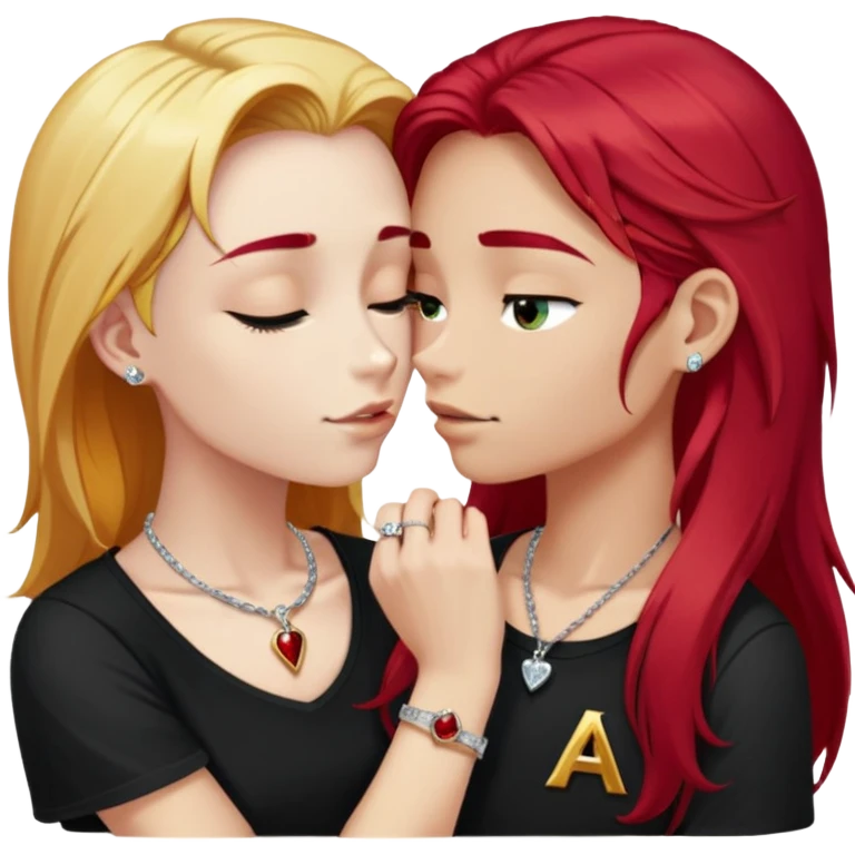 close-up of 20 year old couple kissing, girl with long cherry red hair, blonde eyebrows, gold necklace with letter A, diamond gold ring, red bracelet, boy with bright white hair wearing silver ring with black stone and dark t-shirt emoji