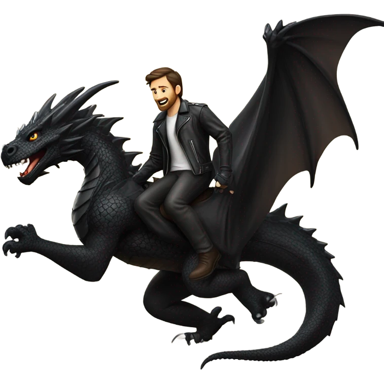 Confident White Man with dark brown hair and a short beard wearing black leather jacket and pants riding on the back of a giant black dragon emoji