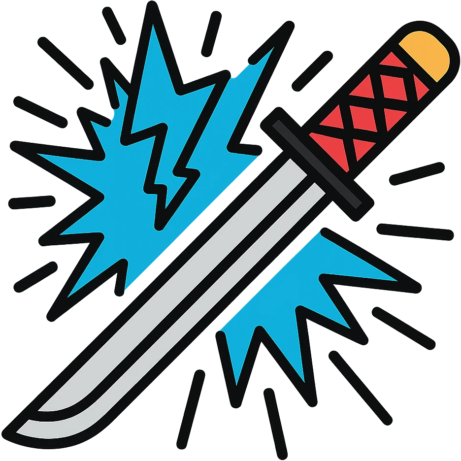 Add a burst of blue lightning radiating from the katana, with dynamic energy, no background, keep icon style consistent with lineal color icon with black outlines. emoji