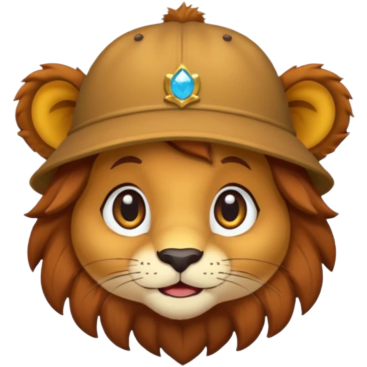 emoji-style cute lion, chestnut hat, big sparkling eyes, warm friendly expression, autumnal colors, simple cartoon design emoji