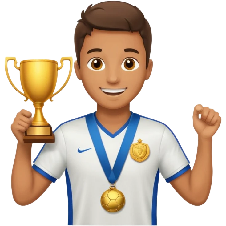 happy soccer player with a first-place medal and a trophy emoji