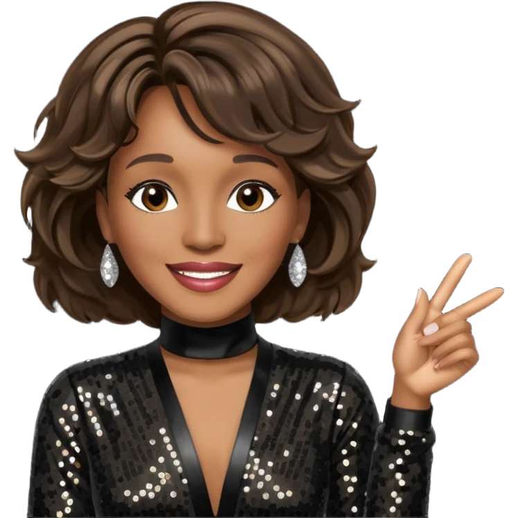 Whitney Houston with dark brown hair, black sequin jumpsuit emoji