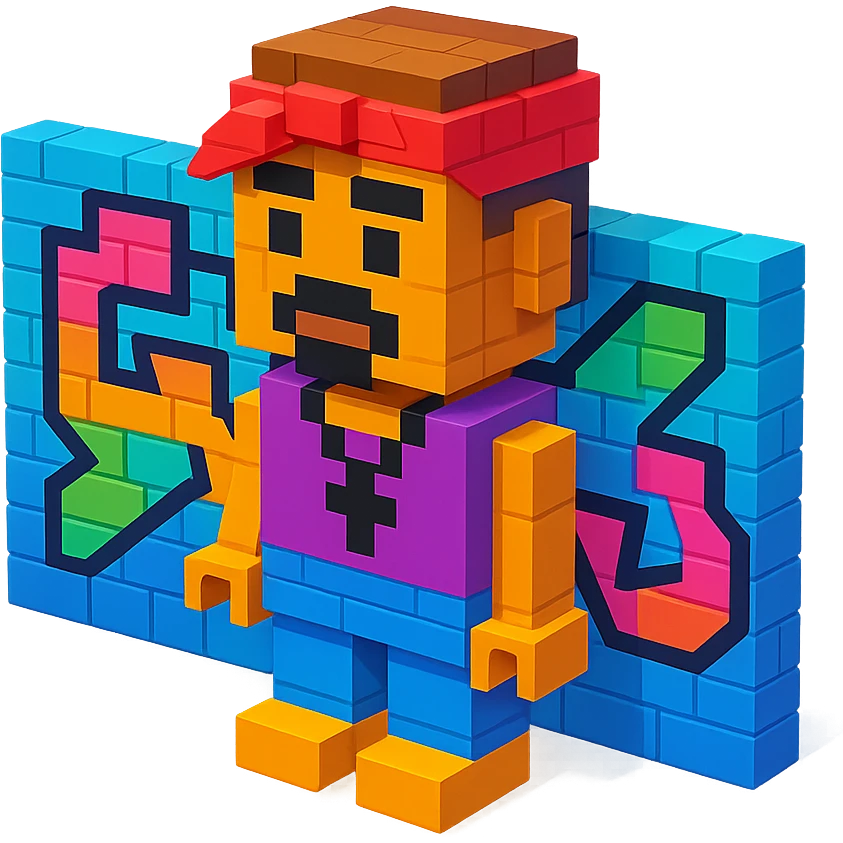 Lego version of 2Pac with a graffiti wall background emoji