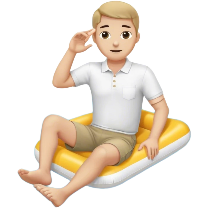 Pool attendant. white polo shirt. khaki shorts. black. sitting on a swimming pool float emoji