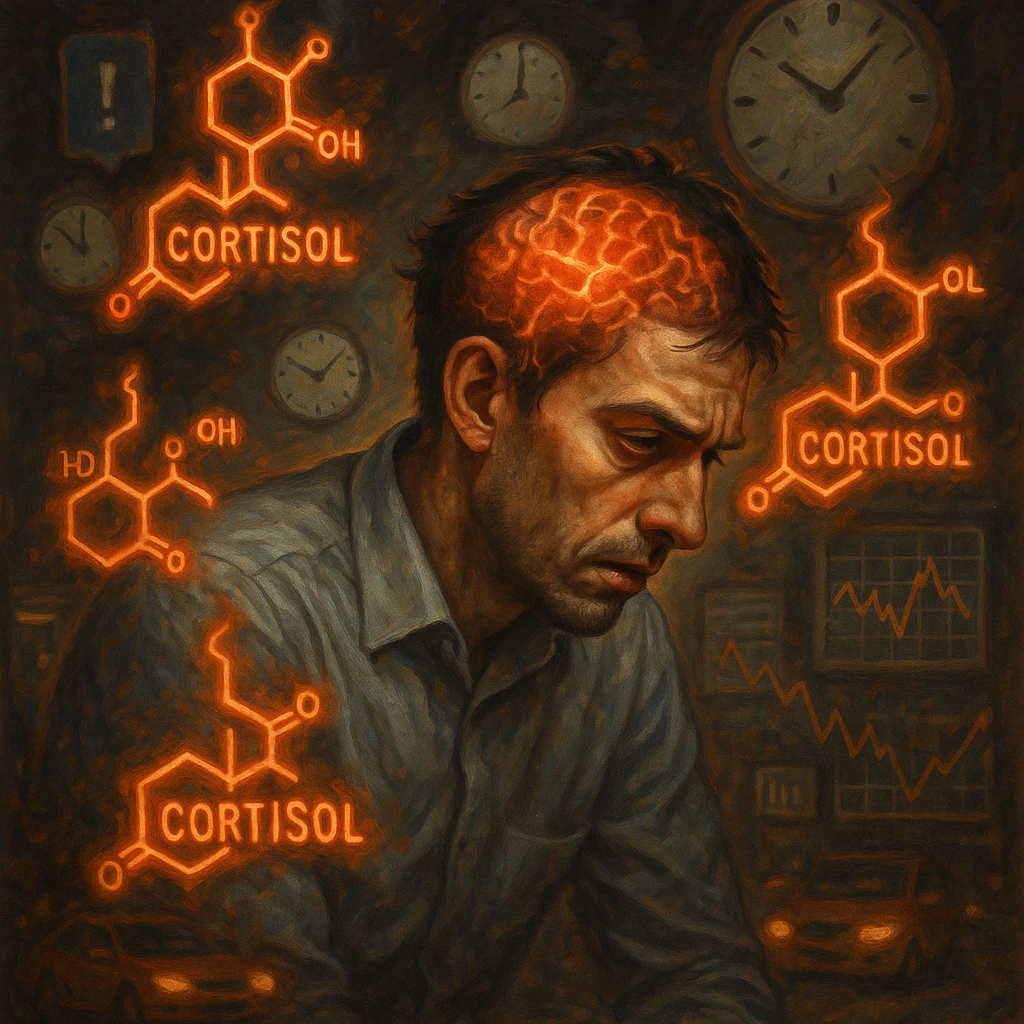 semi-realistic, symbolic surrealism; stressed man in his 30s, tired eyes, tense muscles, hunched posture; floating 'Cortisol' symbols with orange-red glow; chaotic background (clocks, notifications, traffic, charts); brain visible with red-orange neural activity; moody lighting, expressive face emoji