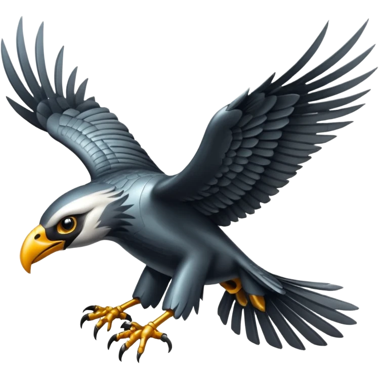 Emoji-style icon of a large metallic predatory bird flying, sharp wings, steel texture, dramatic pose, dark background emoji