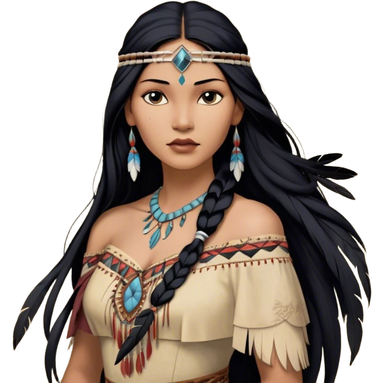Cinematic Realistic Pocahontas Portrait, depicted with lifelike skin texture, soft natural lighting, and intricately detailed long, flowing raven-black hair that moves gracefully in the wind. Her deep, soulful dark brown eyes exude wisdom and strength, complemented by a serene yet powerful expression. She is shown gently holding a feather in one hand, her other hand resting lightly at her side, embodying the harmonious balance between nature and herself. She is dressed in her classic one-shoulder native American dress, with rich fabric textures and delicate beaded details that catch the light beautifully. The portrait features a soft, sun-kissed glow with a natural, radiant finish, capturing the essence of untamed beauty and deep connection to nature in a realistic and painterly style, evoking a sense of depth and authenticity. emoji