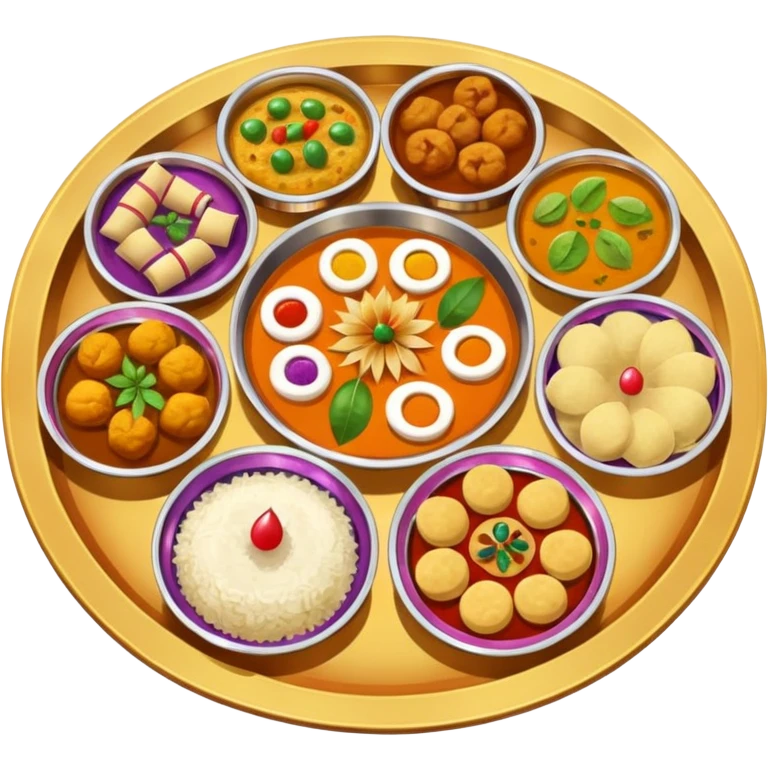 festive Indian thali platter with sweets, curries, rice, and puri emoji