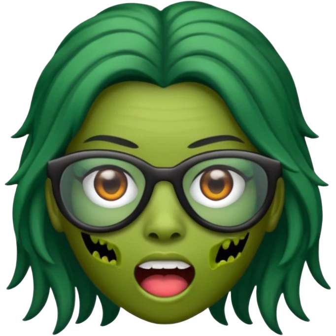 crie um emoji de zumbi feminino, com pele verde, óculos preto e cabelo longo preto emoji