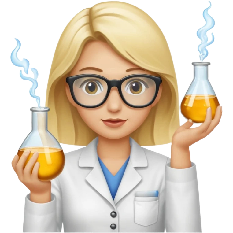 Eine hellblonde Chemikerin mit Kittel, großer Labor-Sicherheitsbrille und typischem Erlmeyerkolben in der Hand emoji
