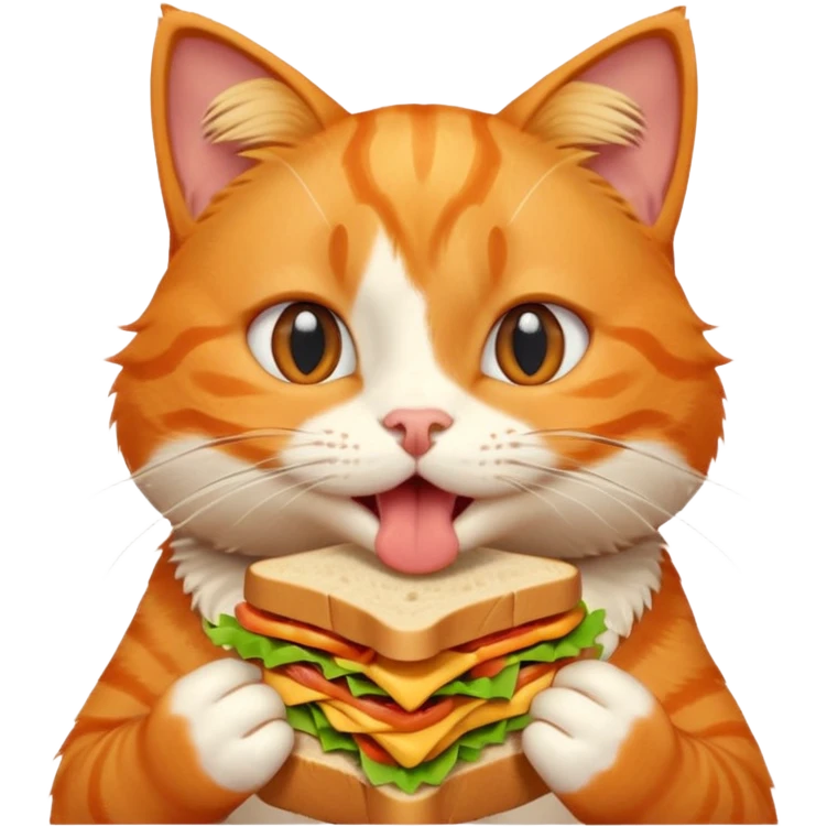 cute orange cat portrait, head and shoulders only, biting a sandwich, funny expression, 3D cartoon, mobile game icon style, clean background, no text, no watermark emoji
