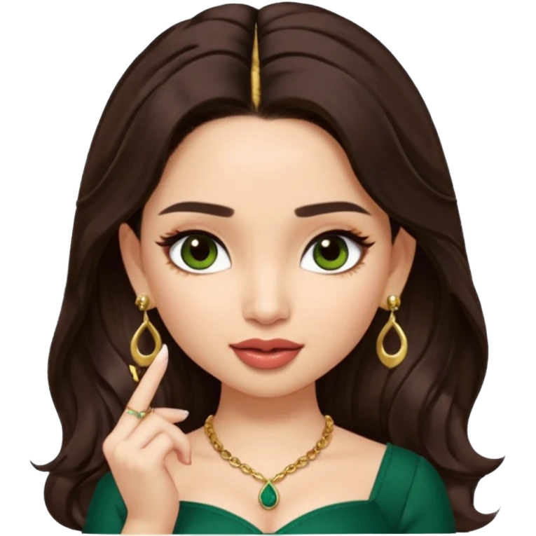 pretty bratz genmoji that looks like tamannah bhatia (bollywood actress), wearing a dark green sweetheart neckline top, dark brown hair, light makeup, no necklace, dangly earrings, side hair part, fair. dark brown eyes, long hair

Show her licking her finger  emoji