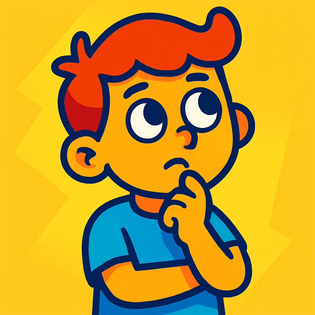 a boy in a thinking pose, finger on chin, looking up, vibrant toon style emoji