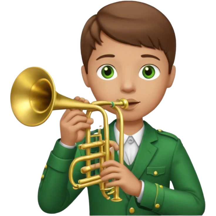 young boy with brown hair, green eyes who plays a trumpet emoji