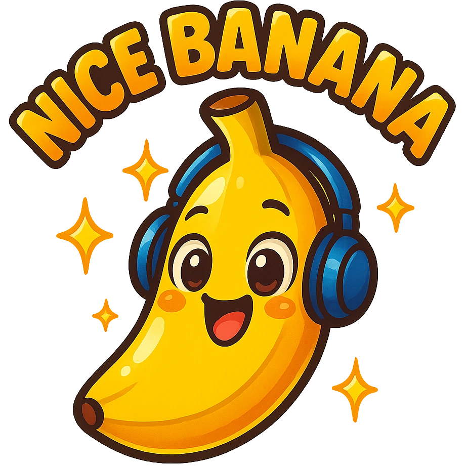Funny cartoon banana, big happy smiling face, wearing tiny headphones, wide excited eyes, tiny sparkles around, text above: "NE BANANA", chibi style, Twitch emoji style, colorful, transparent background emoji