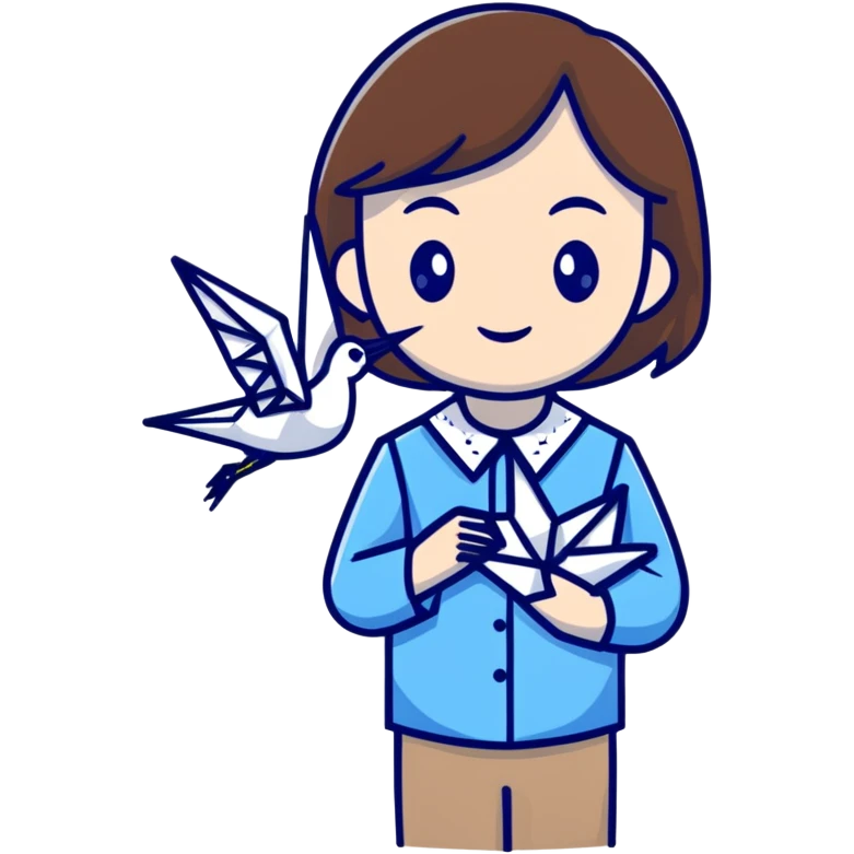 A happy Ukrainian young girl with brown hair in a white embroidered shirt holds an origami blue crane emoji