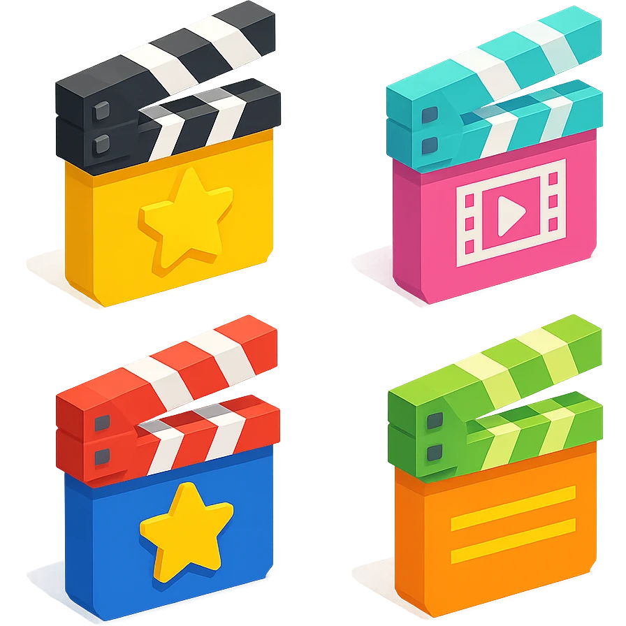 isometric view set of movie clapperboards in voxel style, various colors and patterns on lids, some with stars, stripes, or film icons emoji