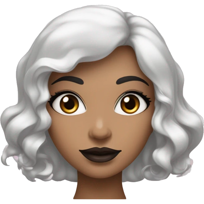 Femme blanche aux yeux noir avec des cheveux noirs de longue taille , une bouche moyenne de couleur rose de lèvres , des yeux de sirène des sourcils noirs emoji